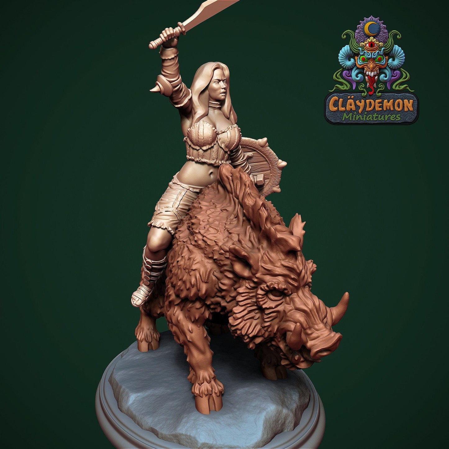 Boar Rider Woman Miniature - by Claydemon Miniatures