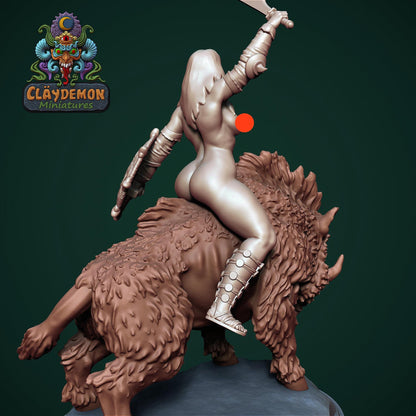 Boar Rider Woman Miniature - by Claydemon Miniatures