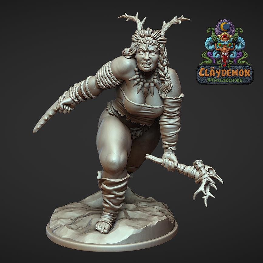 Grinagh the Prehistoric Warrior Woman Miniature - by Claydemon Miniatures