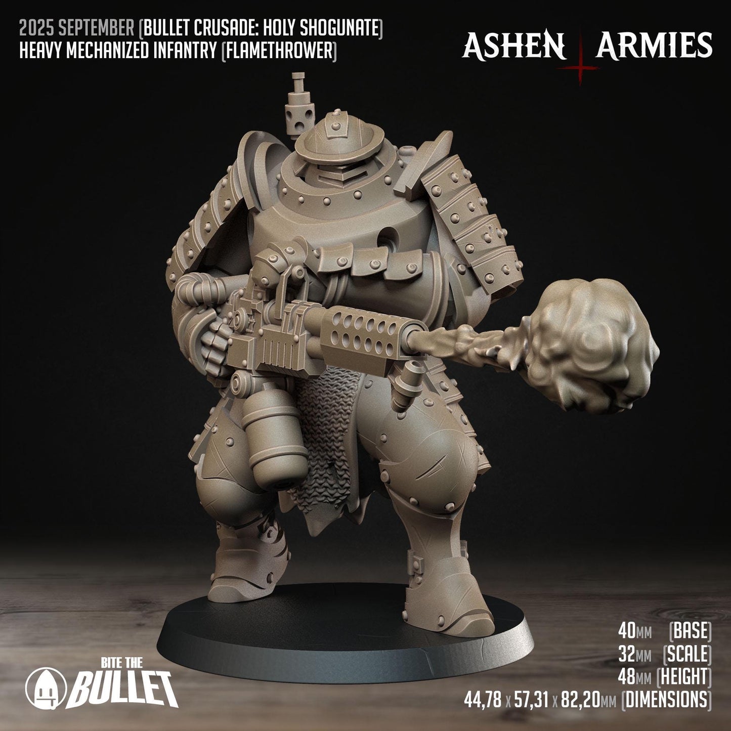 Holy Shogunate Heavy Infantry Flamethrower Miniature - Ashen Armies by Bite the Bullet