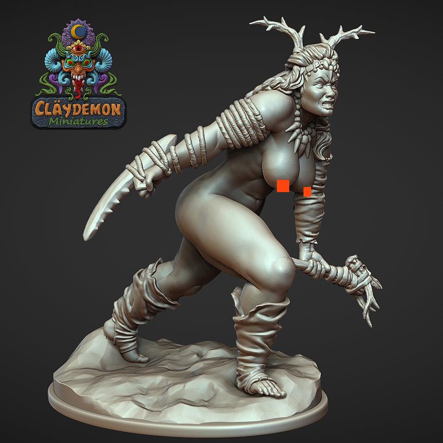 Grinagh the Prehistoric Warrior Woman Miniature - by Claydemon Miniatures
