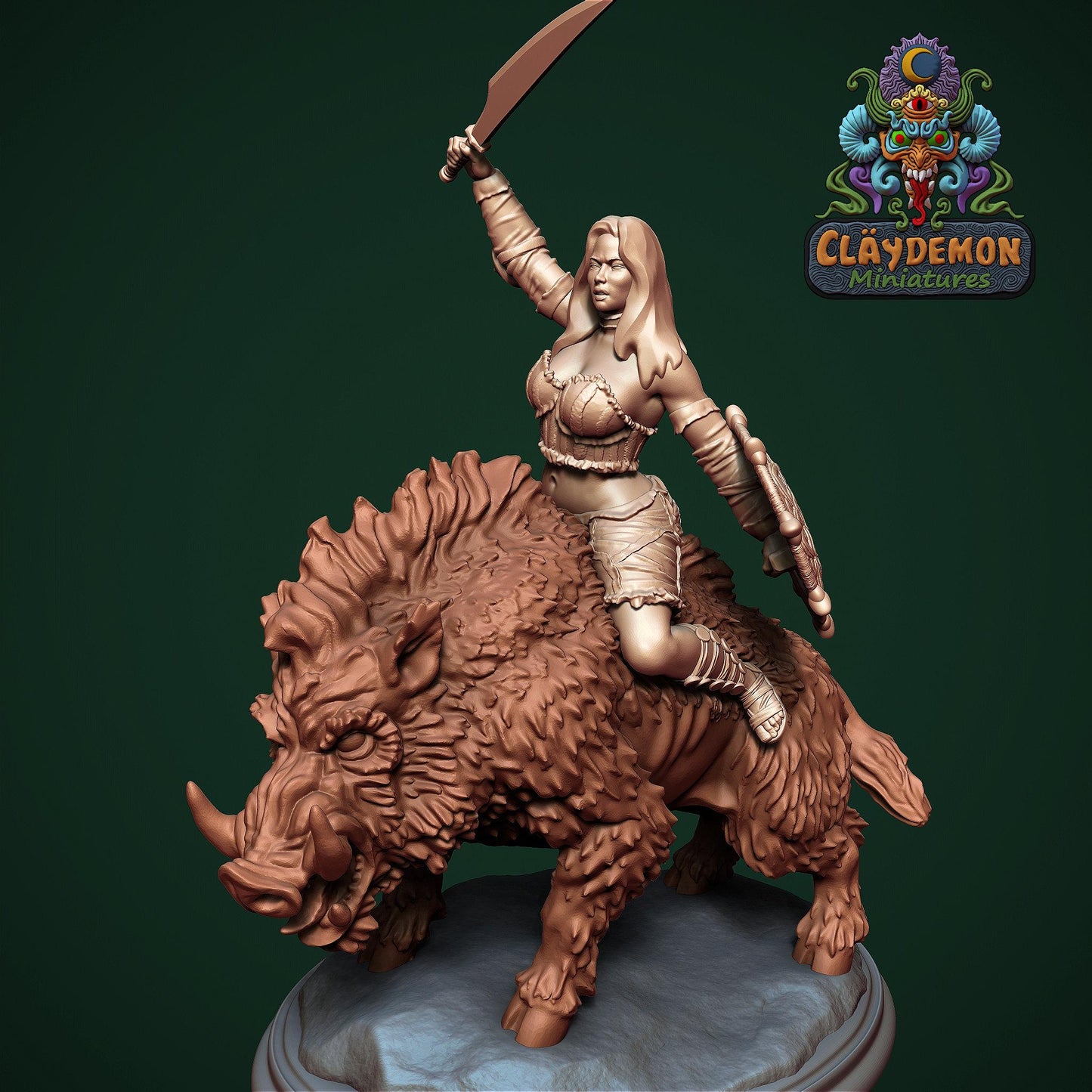 Boar Rider Woman Miniature - by Claydemon Miniatures