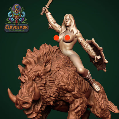 Boar Rider Woman Miniature - by Claydemon Miniatures