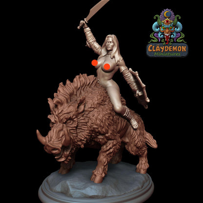 Boar Rider Woman Miniature - by Claydemon Miniatures