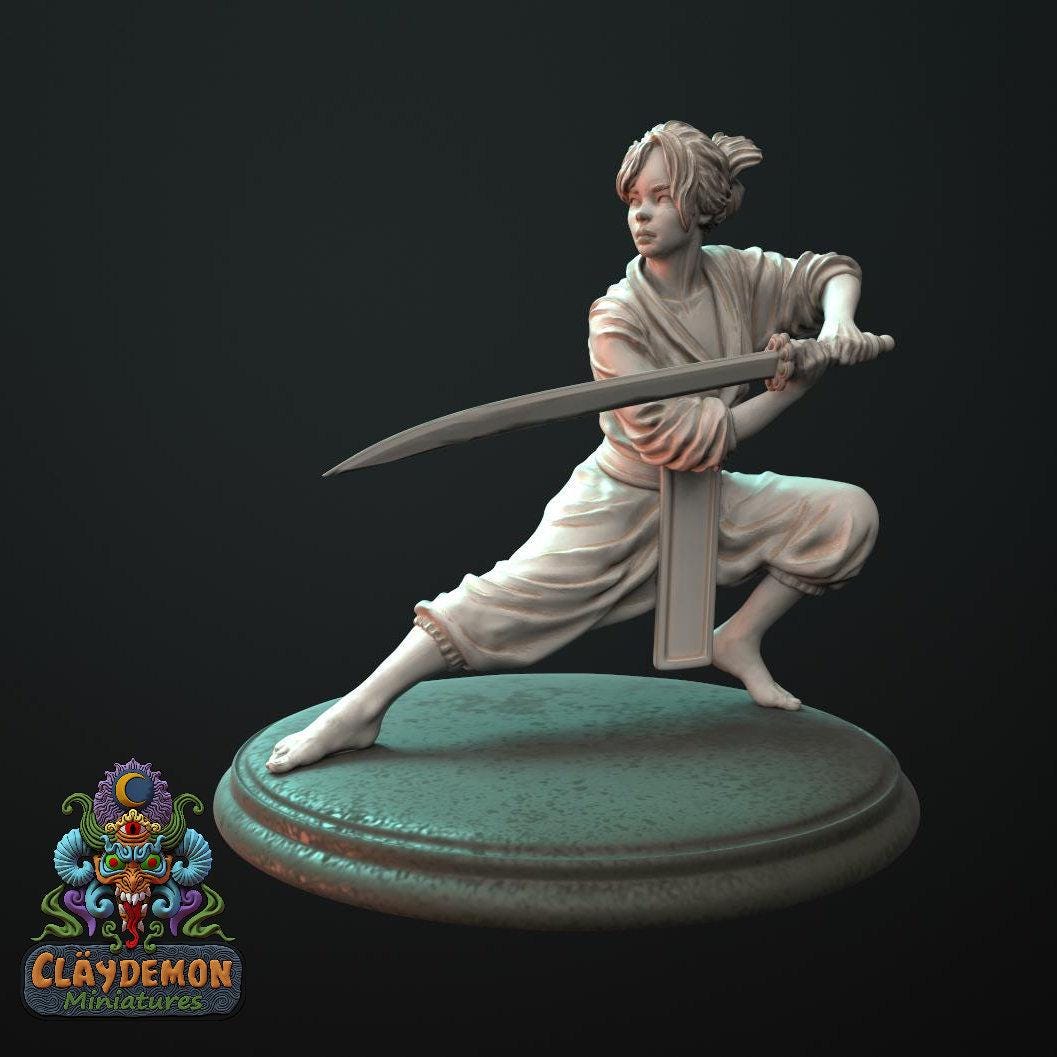 Blue Blade, Ninja Woman Miniature - by Claydemon Miniatures