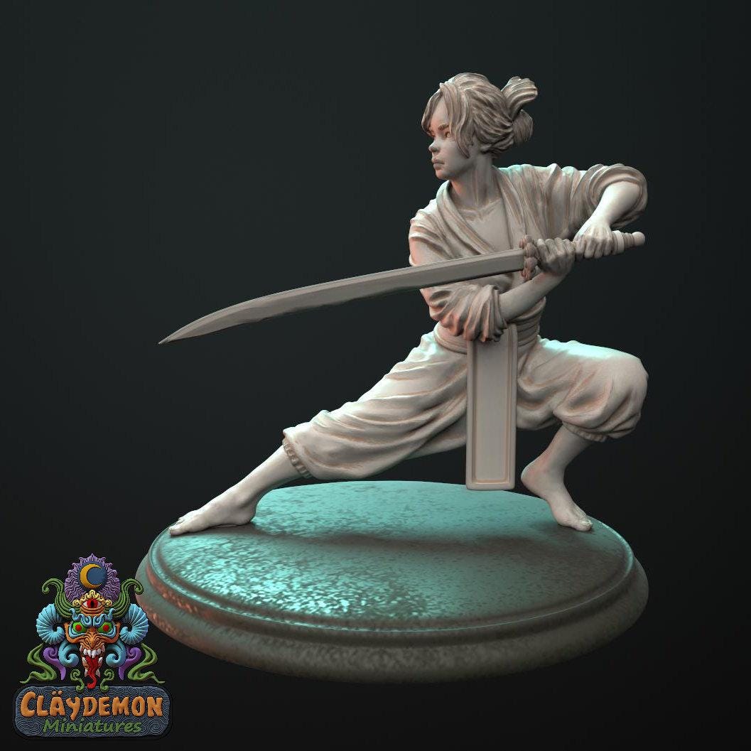 Blue Blade, Ninja Woman Miniature - by Claydemon Miniatures
