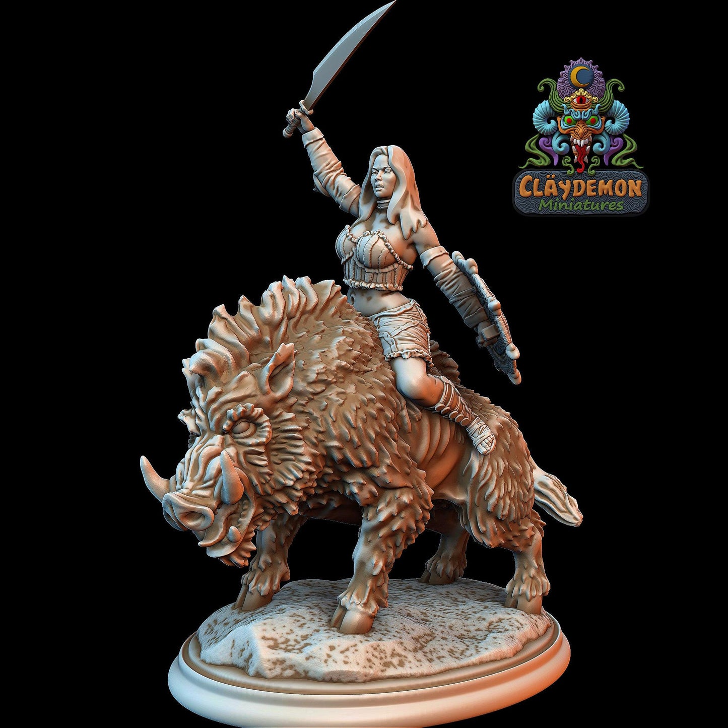 Boar Rider Woman Miniature - by Claydemon Miniatures