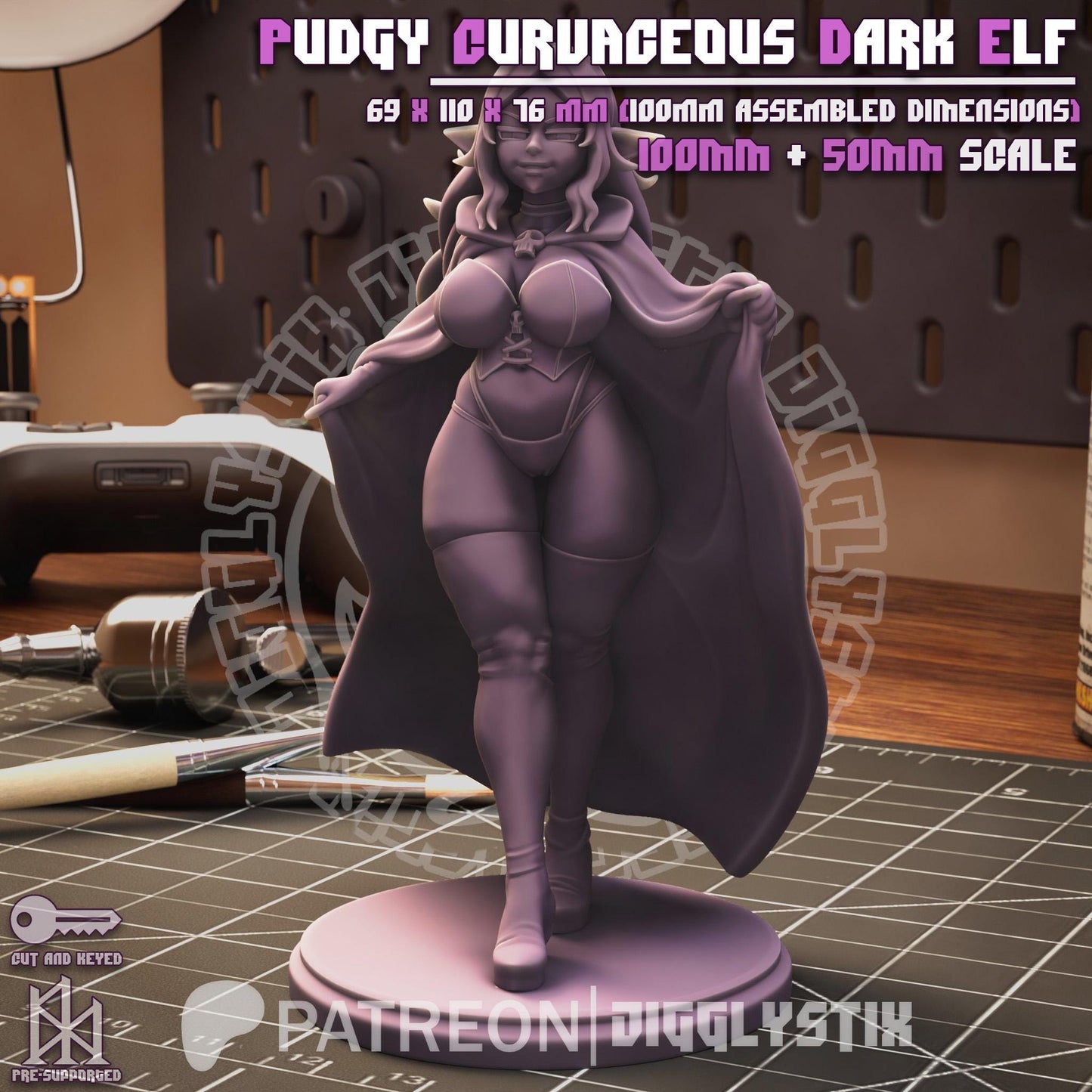 Pudgy Curvaceous Dark Elf Miniature - by Jigglystix