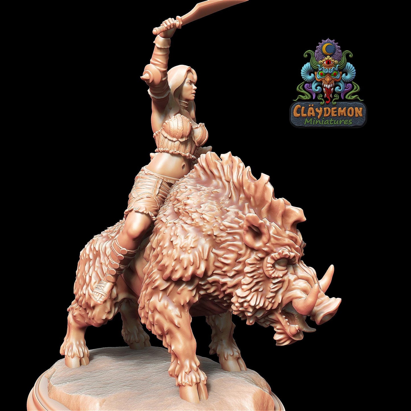 Boar Rider Woman Miniature - by Claydemon Miniatures