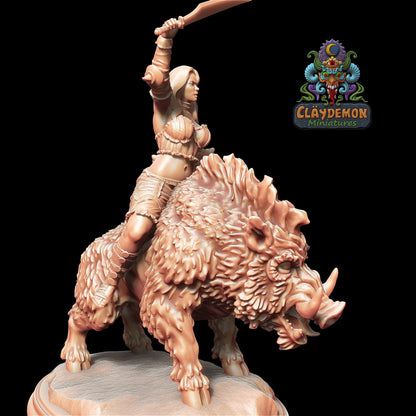 Boar Rider Woman Miniature - by Claydemon Miniatures