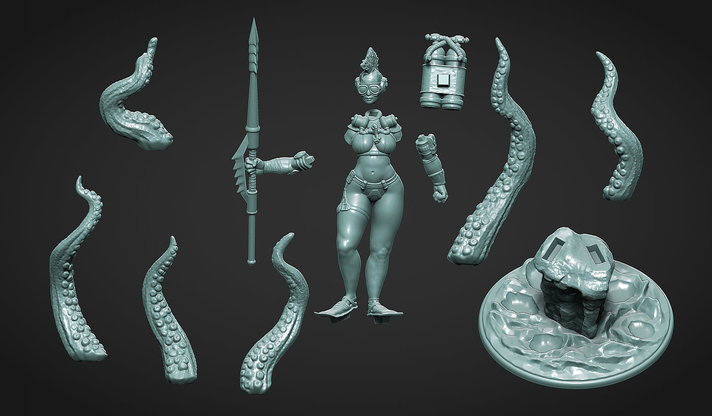 Kraken Huntress Miniature - by Claydemon Miniatures